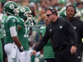 Saskatchewan Roughriders head coach Chris Jones shows his frustration during Sunday's CFL game against the visiting Winnipeg Blue Bombers.