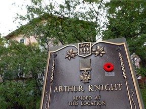 A plaque commemorates Sergeant Arthur Knight at 1843 Rae Street, Knight's last residence in Regina, Sask. on Saturday Sept. 10, 2016.