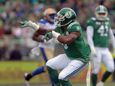 Jonathan Newsome #0 of the Saskatchewan Roughriders taunts the Winnipeg Blue Bombers during the Labour Day Classic held at Mosaic Stadium in Regina, Sask. on Sunday Sept. 4, 2016.