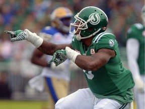 The Saskatchewan Roughriders' Jonathan Newsome had his first sack as a CFLer on Sunday against the visiting Winnipeg Blue Bombers.