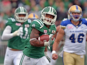The Saskachewan Roughriders' Kendial Lawrence is shown during his 85-yard punt return for a touchdown Sunday against the Winnipeg Blue Bombers.