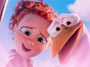 Tulip, voiced by Katie Crown, and Junior, voiced by Andy Samberg, in the new animated adventure Storks.
