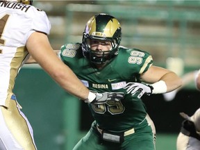 Nicholas Dheilly of the University of Regina Rams had three sacks in Friday's 32-27 victory over the visiting Calgary Dinos.