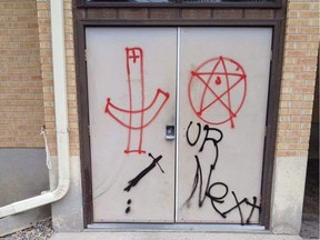 The Catholic Church in Redvers was vandalized in a rash of vandalism in the community that occurred last week. Submitted photo.