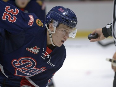 Regina Pats forward Robbie Holmes eyes are locked on to the puck during a game held at the Brandt Centre in Regina, Sask. on Saturday Sept. 10, 2016.