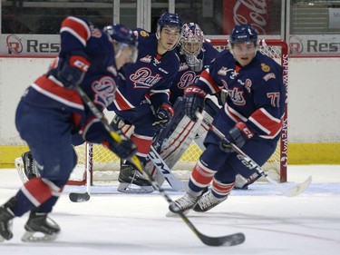 Regina Pats goalie Tyler Brown watches his teammates clear the zone during a game held at the Brandt Centre in Regina, Sask. on Saturday Sept. 10, 2016.