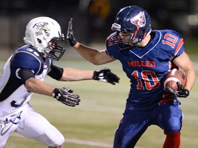 Balgonie Greenall Griffins' Dalton Kornum, left, tackles Miller Marauders' Braydon Long during high school football action at Leibel Field.