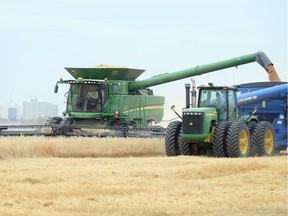 Combining northeast of  Regina in late September.  Farmers have 70 per cent of the crop in the bin, behind the five-year average of 79 per cent, according to the weekly crop report.