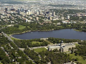 A aerial photo of Wascana Centre and lake. Plans for an office building in the park have raised concerns about its longterm future.