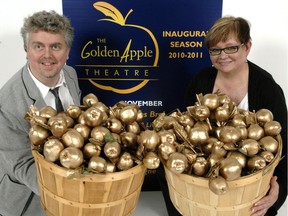 Robert Ursan (left) and Andorlie Hillstrom at a July 2, 2010 press conference announcing the creation of the Golden Apple Theatre Company.