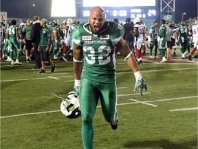Saskatchewan Roughriders tailback Kendial Lawrence, shown here in a file photo celebrating the team's only victory of the CFL season to date, is hoping to celebrate again after the Labour Day Classic.