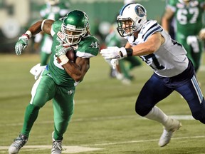 Saskatchewan Roughriders running back Curtis Steele, left, is likely to return to the lineup Sunday against the visiting Edmonton Eskimos.