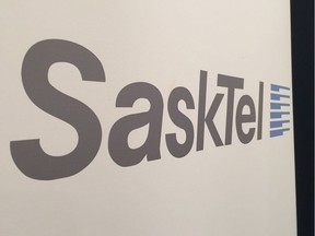 SaskTel logo projected on a display screen during the presentation of the Crown corporation's annual report in the summer of 2016.