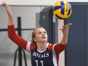 Kaylie Lueck of the Riffel Royals serves against the Moose Jaw A.E. Peacock Toilers during the Mega-Volley tournament Friday at Michael A. Riffel Catholic High School.