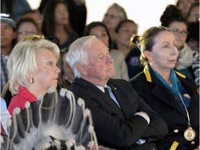 Lt.-Gov. Vaughn Solomon Schofield,  Gov. Gen. David Johnston, and Chief Lynn Acoose of Sakimay First Nations, listen to speeches by chiefs from Treaty 4 Territory during their gathering in Fort Qu'Appelle on Sept. 14, 2016.