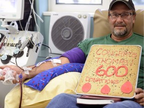 Surrounded by family, Thomas Engele donated platelets for the 600th time at Canadian Blood Services in Regina.