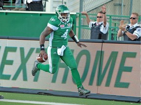 Saskatchewan Roughriders quarterback Darian Durant celebrates his game-winning touchdown run on Sunday.