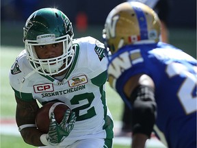 The Saskatchewan Roughriders' Kendial Lawrence, left, expressed frustration with the officiating after Saturday's 17-10 loss to the host Winnipeg Blue Bombers.