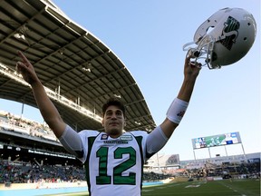 The Saskatchewan Roughriders have won only six of 37 meaningful games since defeating the Winnipeg Blue Bombers 30-24 in the 11th annual Banjo Bowl — a victory quarterback Tino Sunseri is shown celebrating on Sept. 7, 2014.