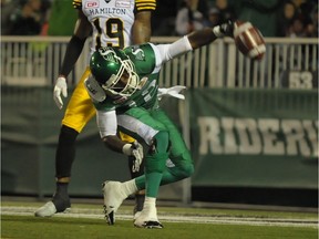 Saskatchewan Roughriders receiver Armanti Edwards celebrates a touchdown against the Hamilton Tiger Cats during the first half of Saturday's CFL game on Taylor Field.