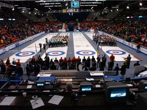 Pipers, RCMP and curlers at the start of the 2006 Brier in Regina.