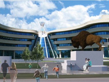 The idea for a new entrance way, including a buffalo statue at the First Nations University of Canada in an artist's rendering. Courtesy FNUniv.