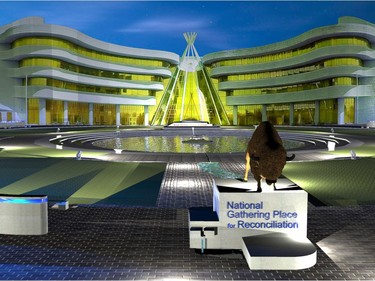 The idea for a new front green at the First Nations University of Canada complete with buffalo statue, fountain and walls that would include the names of every person who attended a residential school in Canada. Courtesy FNUniv.