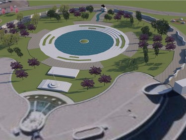 The idea for a new front green at the First Nations University of Canada complete with buffalo statue, fountain and walls that would include the names of every person who attended a residential school in Canada. Courtesy FNUniv.