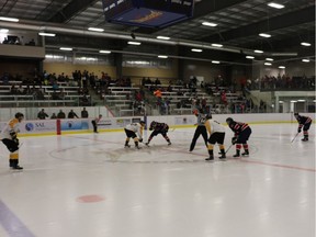 The Regina Pats, in the predominantly blue uniforms, faced the Brandon Wheat Kings on Wednesday afternoon in a three-on-three WHL pre-season game at Ochapowace First Nation.