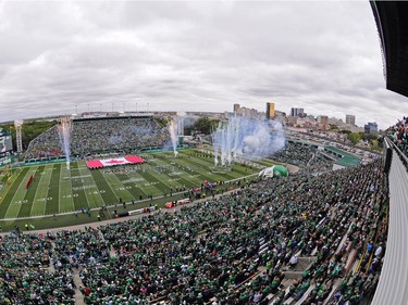 The Saskatchewan Roughriders take the field in a gamd against the Winnipeg Blue Bombers at the Labour Day Classic held at Mosaic Stadium in Regina, Sask. on Sunday Sept. 4, 2016.