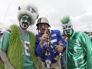 Trevor Sawatsky, Jay Wall, and David Dyer, from left, at the pre-game of the Labour Day Classic held at Mosaic Stadium in Regina, Sask. on Sunday Sept. 4, 2016.