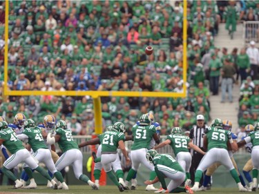 Tyler Crapigna #21 of the Saskatchewan Roughriders sends the ball wide of the uprights during the Labour Day Classic held at Mosaic Stadium in Regina, Sask. on Sunday Sept. 4, 2016.
