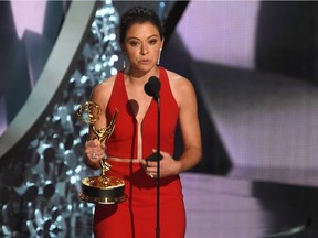 Actress Tatiana Maslany accepts the award for Outstanding Lead Actress in a Drama Series for Orphan Black  during the 68th Emmy Awards show on Sunday.