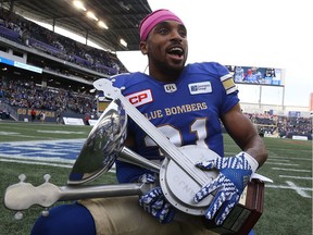 Maurice Leggett and the Winnipeg Blue Bombers celebrated a Banjo Bowl victory Saturday.