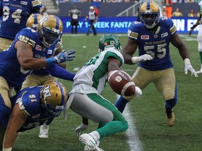 This fumble by Saskatchewan Roughriders receiver Caleb Holley was a key play on Saturday, when the host Winnipeg Blue Bombers won 17-10.
