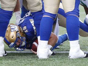 Winnipeg Blue Bombers quarterback Matt Nichols is shown scoring on a one-yard quarterback sneak Saturday against the Roughriders. Nichols found the end zone on two such plays, whereas the Roughriders were unable to capitalize on a first-and-goal situation from the one.