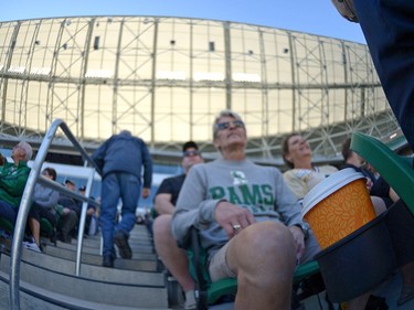 A coffee cup sits in a drink holder at the new Mosaic Stadium test event featuring the University of Regina Rams vs. the University of Saskatchewan Huskies in Regina, Sask. on Saturday Oct. 1, 2016.