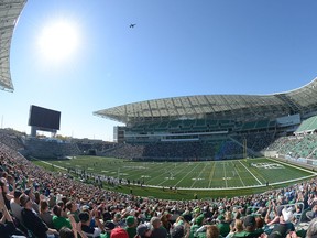 A jet does a kick-off fly-by at the new Mosaic Stadium test event featuring the University of Regina Rams vs. the University of Saskatchewan Huskies in Regina, Sask. on Saturday Oct. 1, 2016. MICHAEL BELL