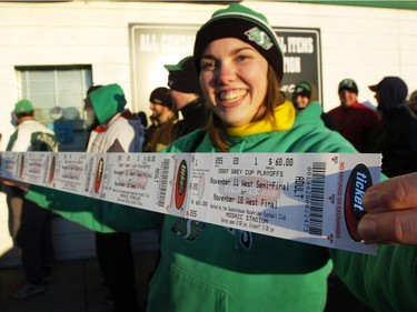 Chris Jones, as well as hundreds of other chilled Rider fans, lined up, some as early as 4 p.m. Sunday, in hopes of getting tickets for the first home play-off game in Regina in almost 20 years. Jones was successful but many fans were not.  For more on the ticket situation, see Page C2.
