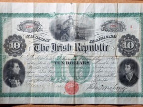 An Irish bond issued in 1866, on display at the Regina Coin Club show held at Turvey Centre in Regina, Sask. on Sunday Oct. 16, 2016.