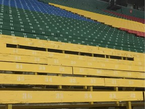 Near the top of the yellow seats, backing is missing in Section 25 on Mosaic Stadium's east side.