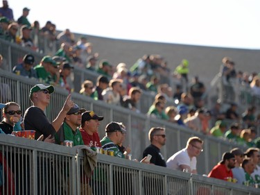 Bryan Feltin gestures upwards from the Terrace section of the new Mosaic Stadium during a test event featuring the University of Regina Rams vs. the University of Saskatchewan Huskies in Regina, Sask. on Saturday Oct. 1, 2016.