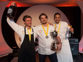 Regina chef Milton Rebello (right) is the only Saskatchewan chef to ever place at the national Gold Medal Plates Canada Culinary Championships, bringing home a bronze medal in February 2013. He's seen here with that year's gold medal winner, Marc St. Jacques from Toronto's Auberge du Pommier (centre), and the silver medal winner, Jamie Stunt from Oz Kafe in Ottawa.