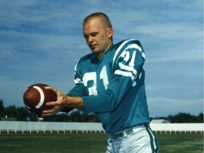 Saskatchewan Roughriders receiver Hugh Campbell is shown on the team's practice field, which was then on the infield at Regina Exhibition Track.