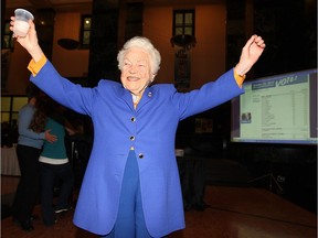 Hazel McCallion celebrates her 12th consecutive win as Mississauga Mayor at Mississauga City Hall after municipal elections, Monday October 25, 2010.