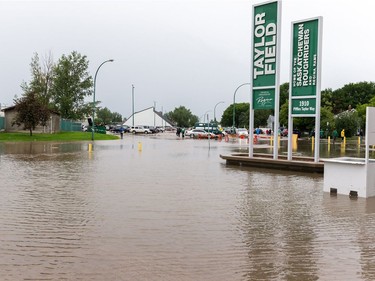 Flooding in front of Mosaic Stadium before the game between the Hamilton Tiger-Cats and the Saskatchewan Roughriders during week one of the 2014 CFL season at Mosaic Stadium on June 29, 2014 in Regina, Saskatchewan, Canada.