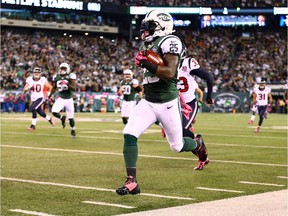 Joe McKnight, currently a member of the Saskatchewan Roughriders, is shown returning a kickoff 100 yards for a New York Jets touchdown during an Oct. 8, 2012 NFL game against the visiting Houston Texans.