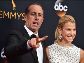 Jerry Seinfeld, left, and Jessica Seinfeld arrive at the 68th Primetime Emmy Awards on Sunday, Sept. 18, 2016, at the Microsoft Theater in Los Angeles.