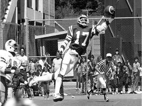 Saskatchewan Roughriders receiver Joey Walters makes a spectacular one-handed catch for a touchdown against the B.C. Lions in 1982.