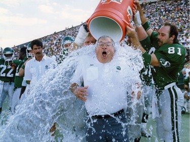 Saskatchewan Roughriders head coach John Gregory  is doused by Ray Elgaard - Sept. 03, 1990.